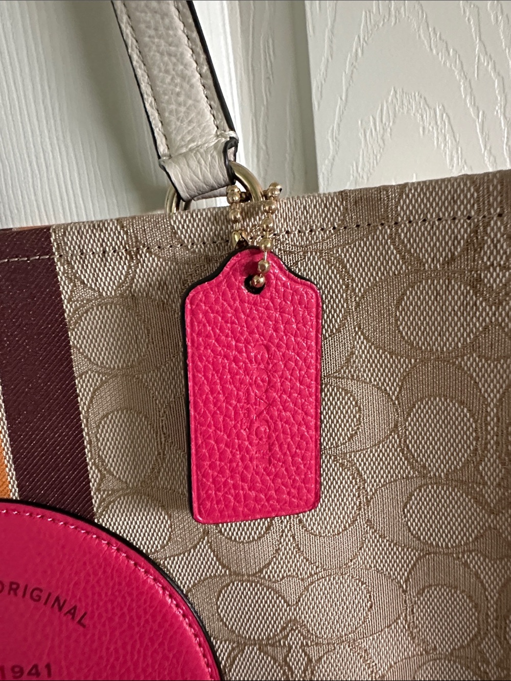 Coach Beige Signature Canvas Tote with Pink Patch and Orange Trim - Picture 3 of 12